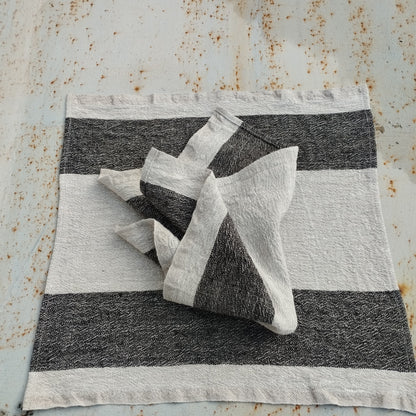 black striped linen napkins or placemat in grain sack linen, heavy soft linen flax,