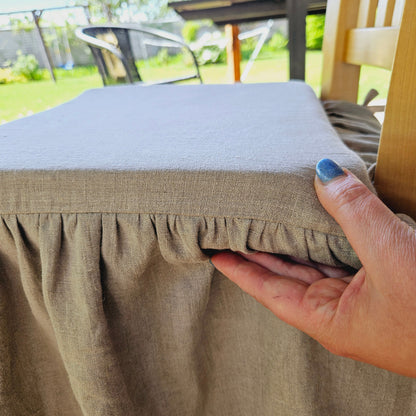 Dining Chair Cover in linen , French Large Linen Chair Seat Covers with 4 sided Ruffle in Natural Flax Color Chair Pad With Ties