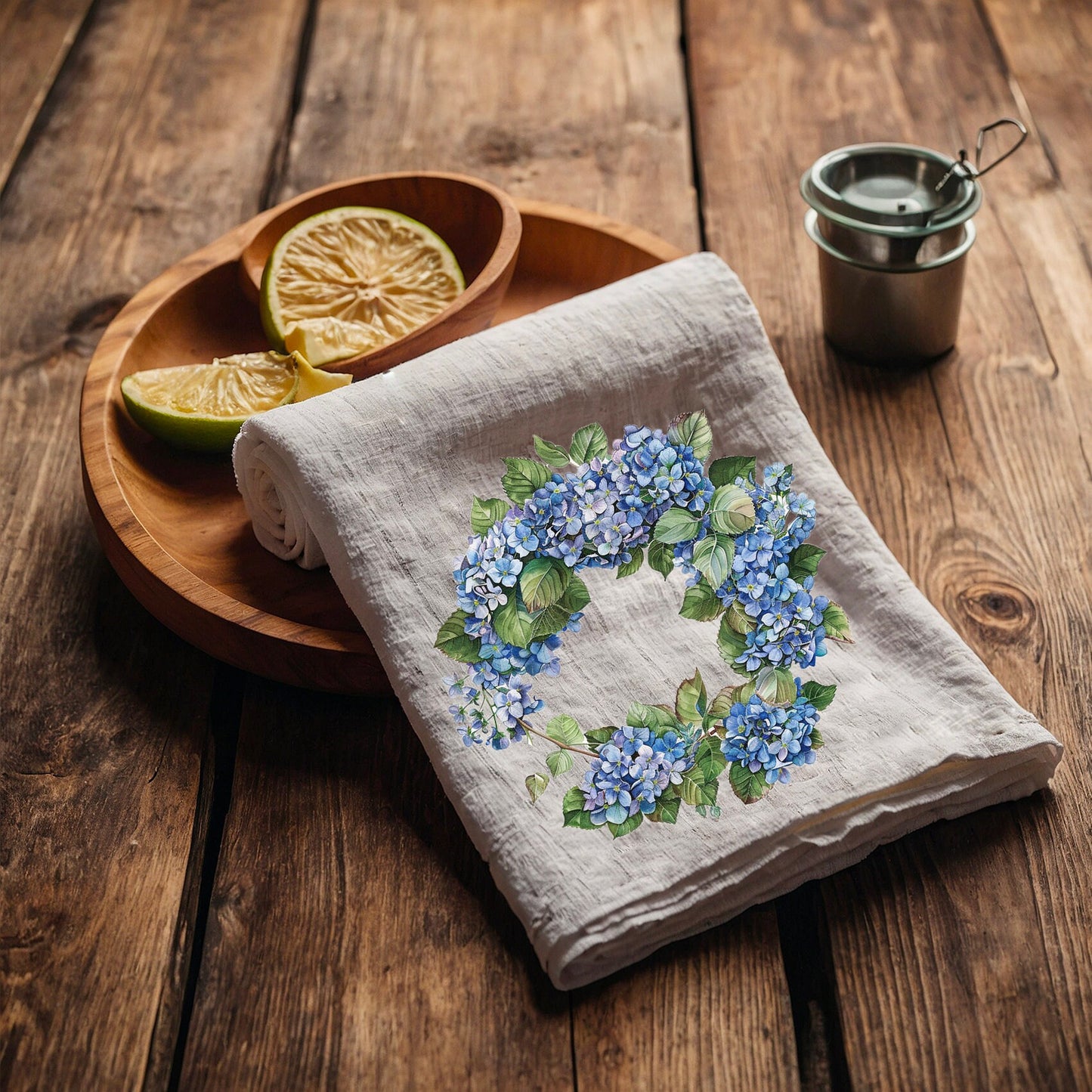 Hydrangea Tea Towel in linen, floral Hand Towels Tea, botanical Floral Dish Towel, Floral Kitchen Décor Tea Towel