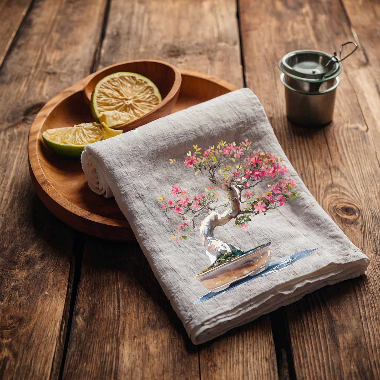 Japanese Tea Towel in linen Bonsai, Greenery white Hand Towels Tea, Farmhouse Dish Towel,  Kitchen Décor Tea Towel