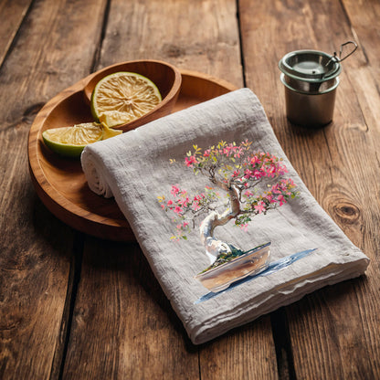 Japanese Tea Towel in linen Bonsai, Greenery white Hand Towels Tea, Farmhouse Dish Towel,  Kitchen Décor Tea Towel