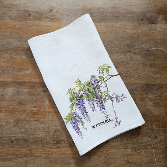 WisteriaTea Towel in linen, floral Hand Towels Tea, botanical Floral Dish Towel, purple flower Kitchen Décor Tea Towel