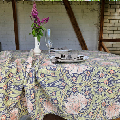Linen foral tablecloth with birds, william Morris pimpernel tablecloth, arts and crafts movement tablecloth Victorian style