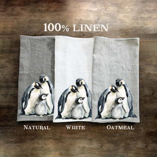Penguins Tea Towel in linen, Hand Towels Tea Arctic wildlife, Floor sack Dish Towel Kitchen Décor Tea Towel Festive season Christmas