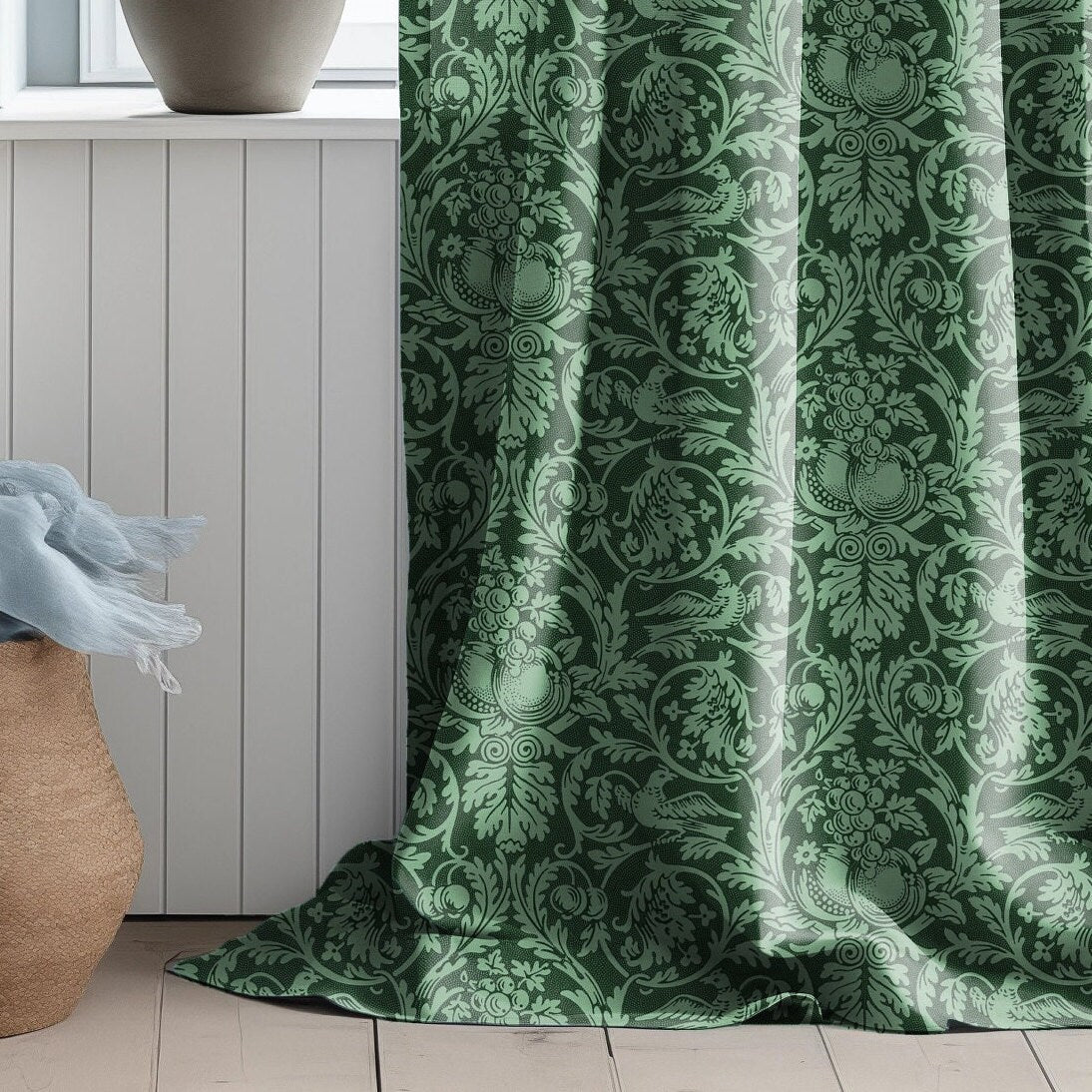 William Morris Curtain Panel queen Anne, Floral Botanical Green Print Curtain Panels,  Curtains for living room