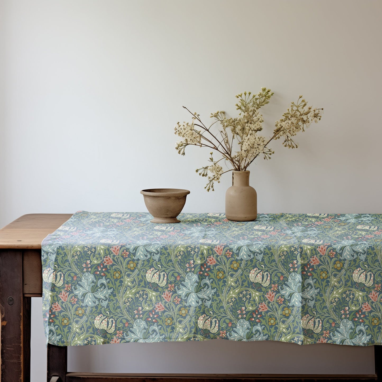 Linen foral tablecloth with birds, william Morris golden lily tablecloth, arts and crafts movement tablecloth Victorian style golden lilly