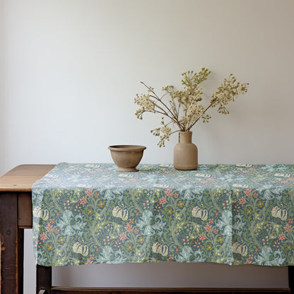 Linen foral tablecloth with birds, william Morris golden lily tablecloth, arts and crafts movement tablecloth Victorian style golden lilly