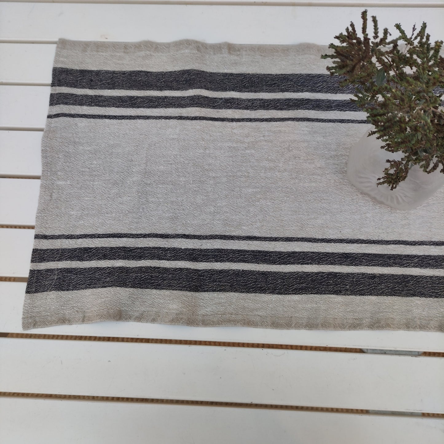 Linen runner - french sack linen. Green natur black striped Rustic linen Cottage farmhouse country style linen. Stonewashed. 100% flax