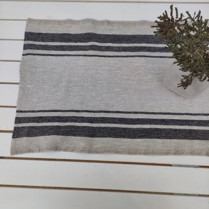Linen runner - french sack linen. Green natur black striped Rustic linen Cottage farmhouse country style linen. Stonewashed. 100% flax