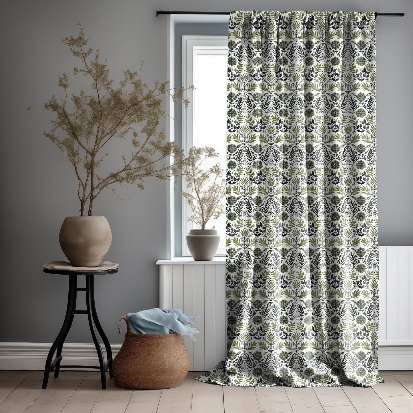 Modern vintage Curtains 100% Linen with botanical block print in green on white linen - kitchen Living room farmhouse linen window panel