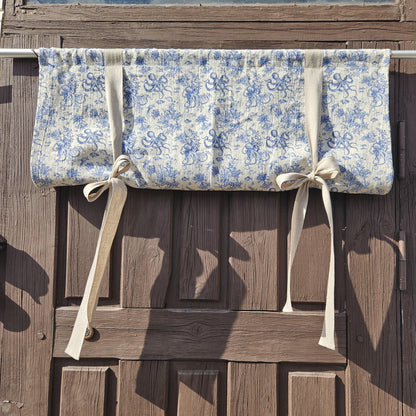Linen curtains valance with tie up Octopus print -  Nautical farmhouse kitchen door curtains  in custom size with print