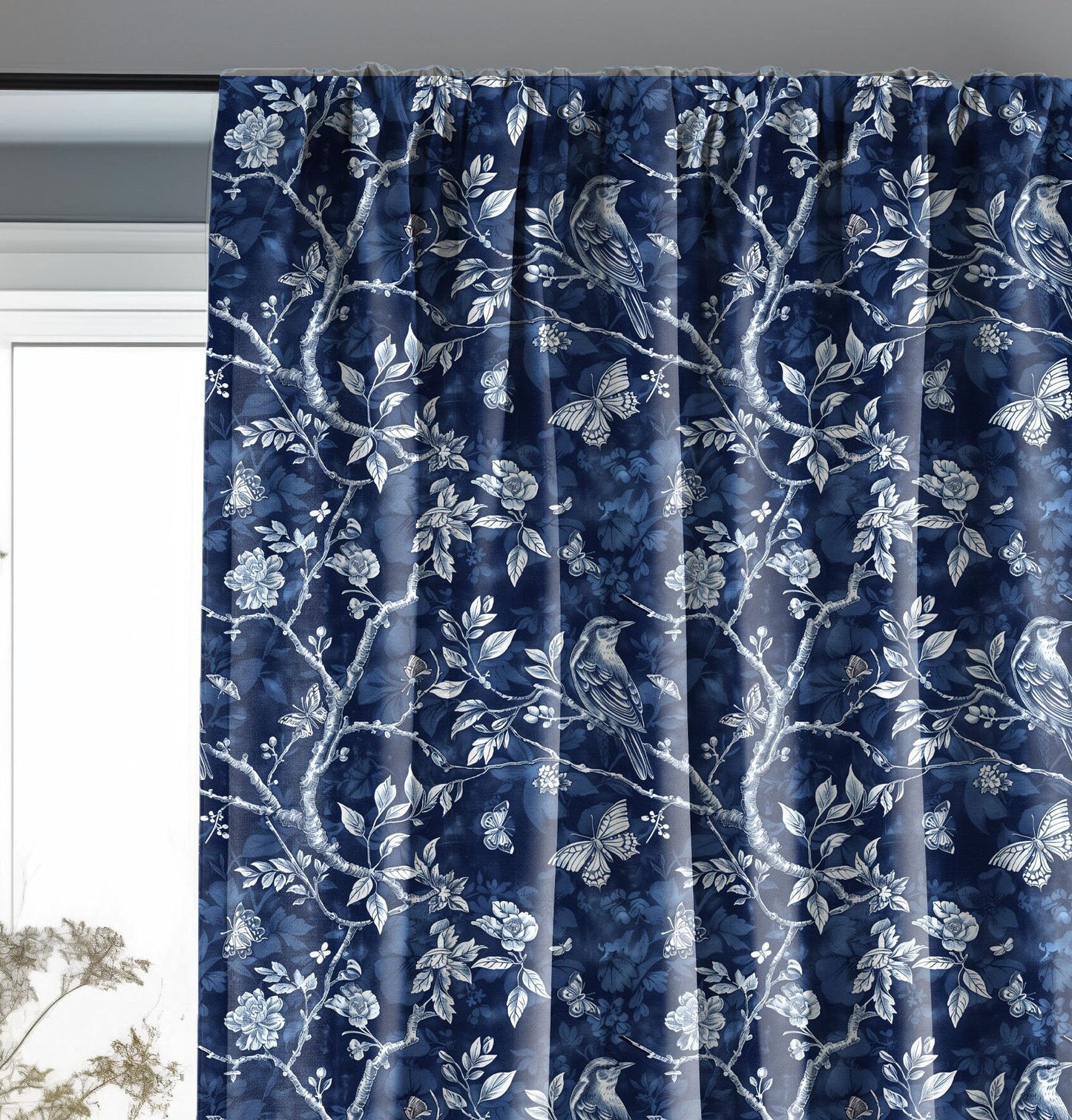 toile dejouy curtains in linen in indigo blue andwhite with girds in forest