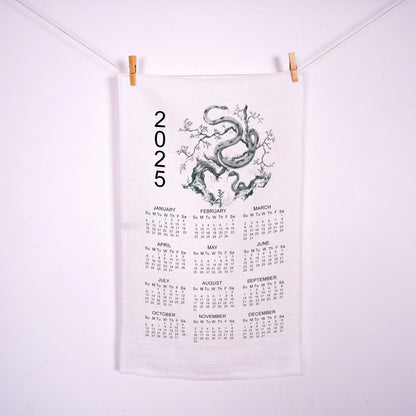 2025 Calendar Towel with year zodiac Snake in linen dark blue, linen tea towel with 2025 Calendar, linen guest towel 2025 Calendar