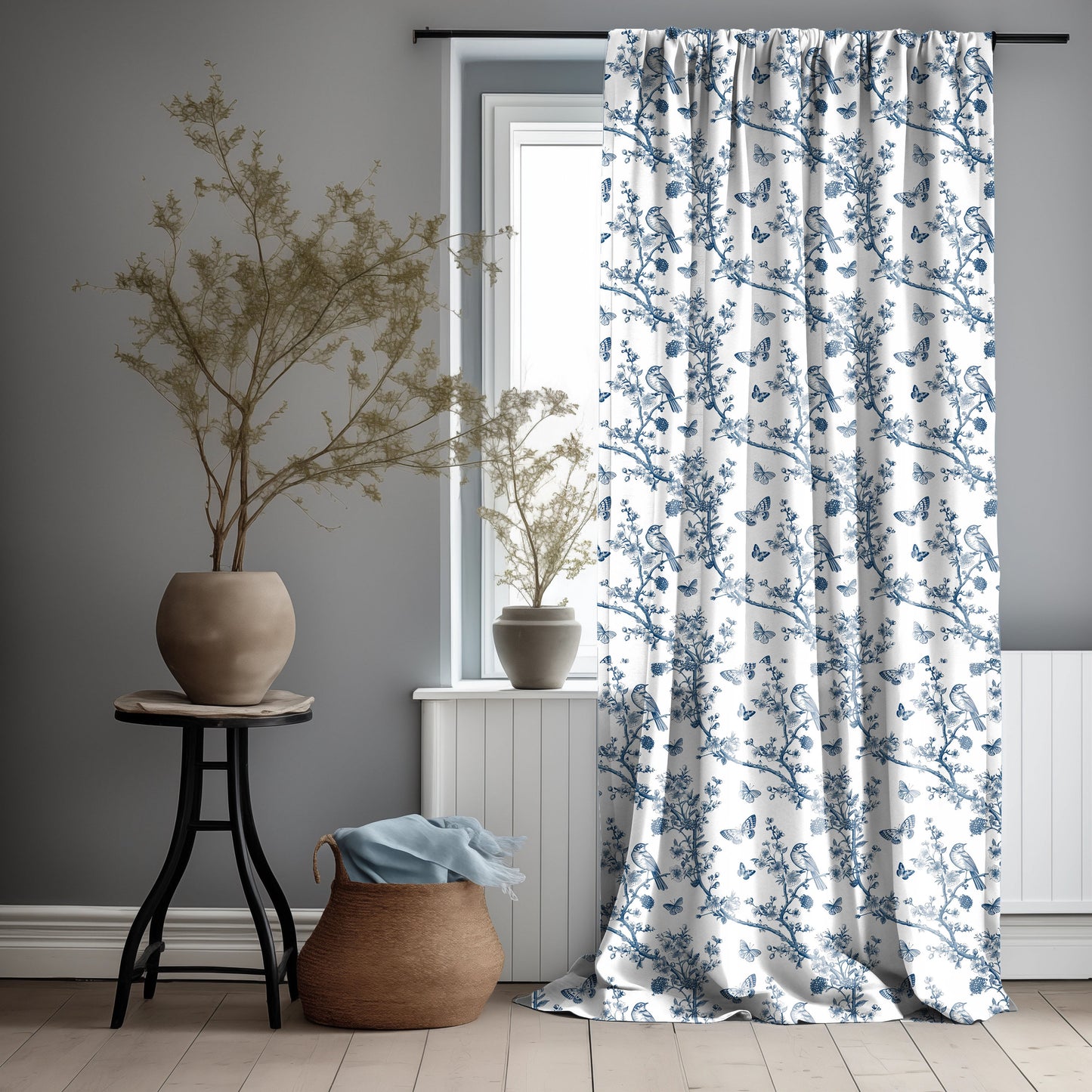 Designer blue Floral Linen curtains, indigo blue French Toile de joy curtain panel, Farmhouse Botanical printed curtains for living room