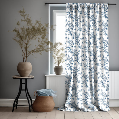 Designer blue Floral Linen curtains, indigo blue French Toile de joy curtain panel, Farmhouse Botanical printed curtains for living room