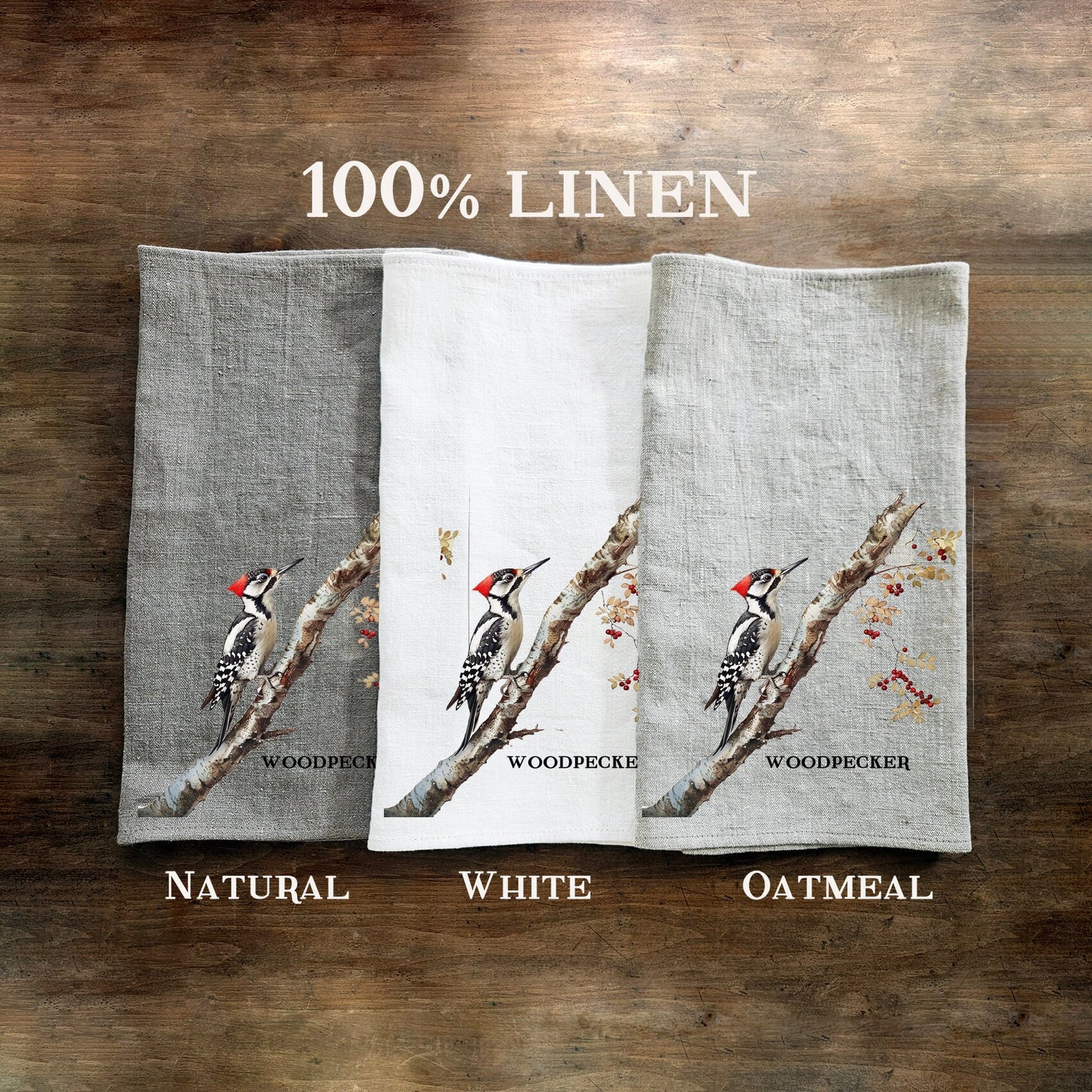 Woodpecker Tea Towel in linen, hand Towels Tea in linen,  bird Dish Towel  Kitchen Décor Tea Towel in linen