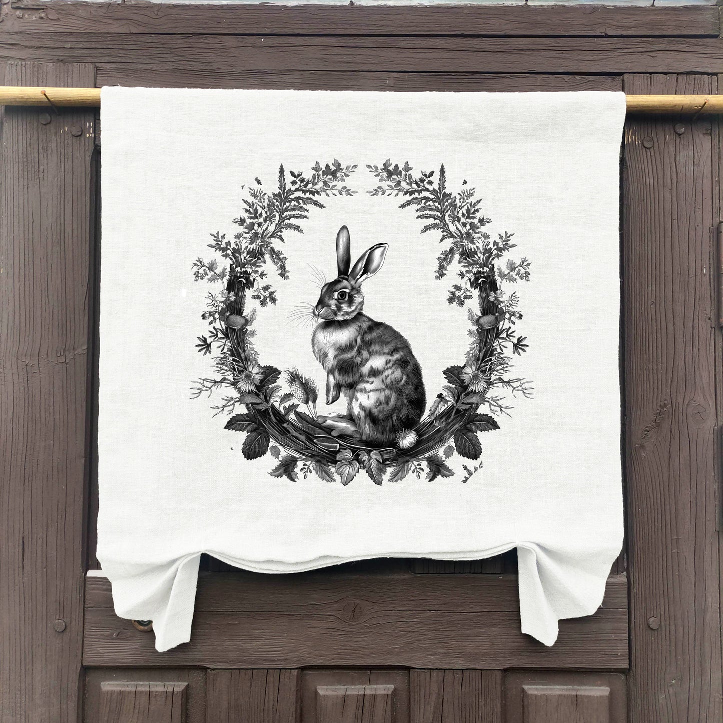 natural French Door Valance 1 Panel with rabbit stamp, white curtain panels for door window in linen for rustic farmhouse style