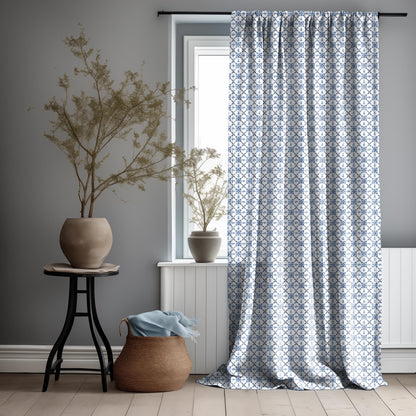 Curtains 100% Linen with Swedish tile print blue white pattern  PREWASHED - kitchen Living room farmhouse linen window panel