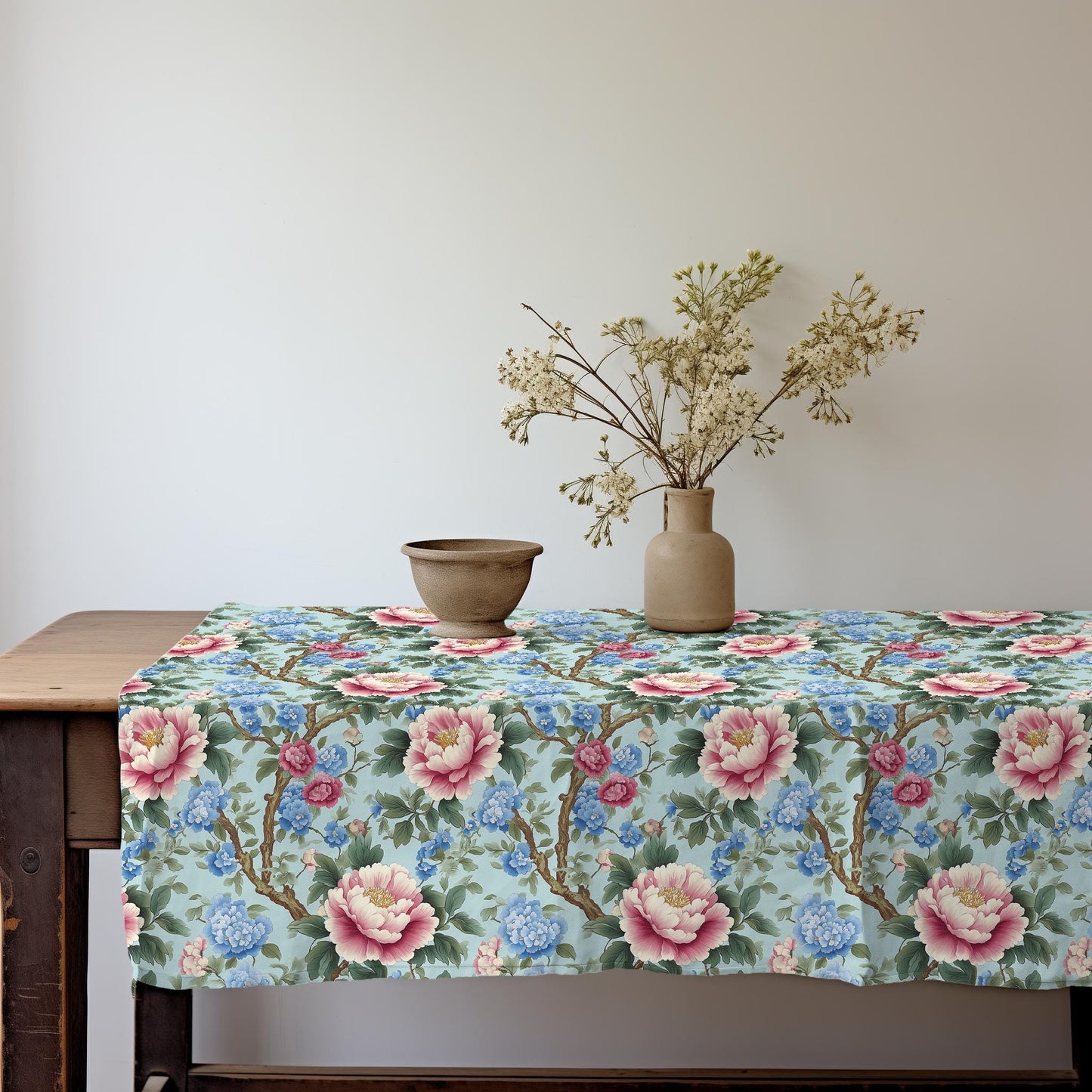100% Linen tablecloth Chinoiserie peony print - blue floral PREWASHED French table cloth rustic rectangle square oval