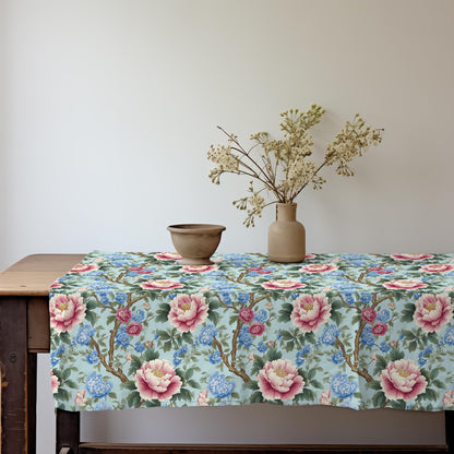 100% Linen tablecloth Chinoiserie peony print - blue floral PREWASHED French table cloth rustic rectangle square oval