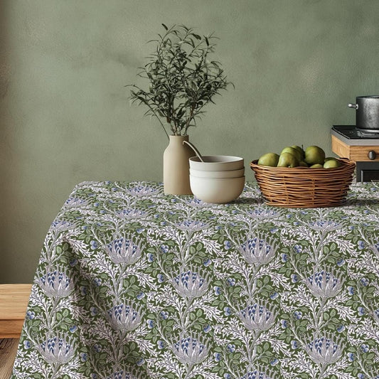 Linen foral tablecloth with ARTICHOKE -W william Morris green floral tablecloth - arts and crafts movement tablecloth Victorian style
