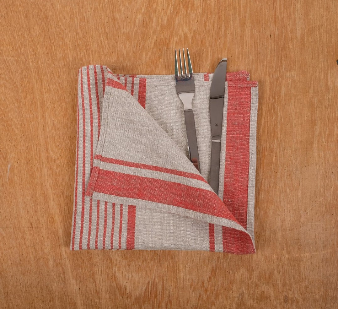 Linen napkins - grain sack French linen. Natural black striped. Cottage coutry style. Set of linen napkins. Stonewashed cloth napkins