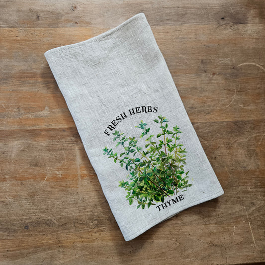 Thyme Floral Tea Towel in linen, Hand Towels Tea, Farmhouse Floral Dish Towel, greenery Floral Kitchen Décor, Floral Kitchen Tea Towel