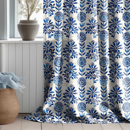 Floral Curtain Panel with indigo blue block print, Floral Botanical Print Curtains Panels in custom size, Botanical Curtains for living room