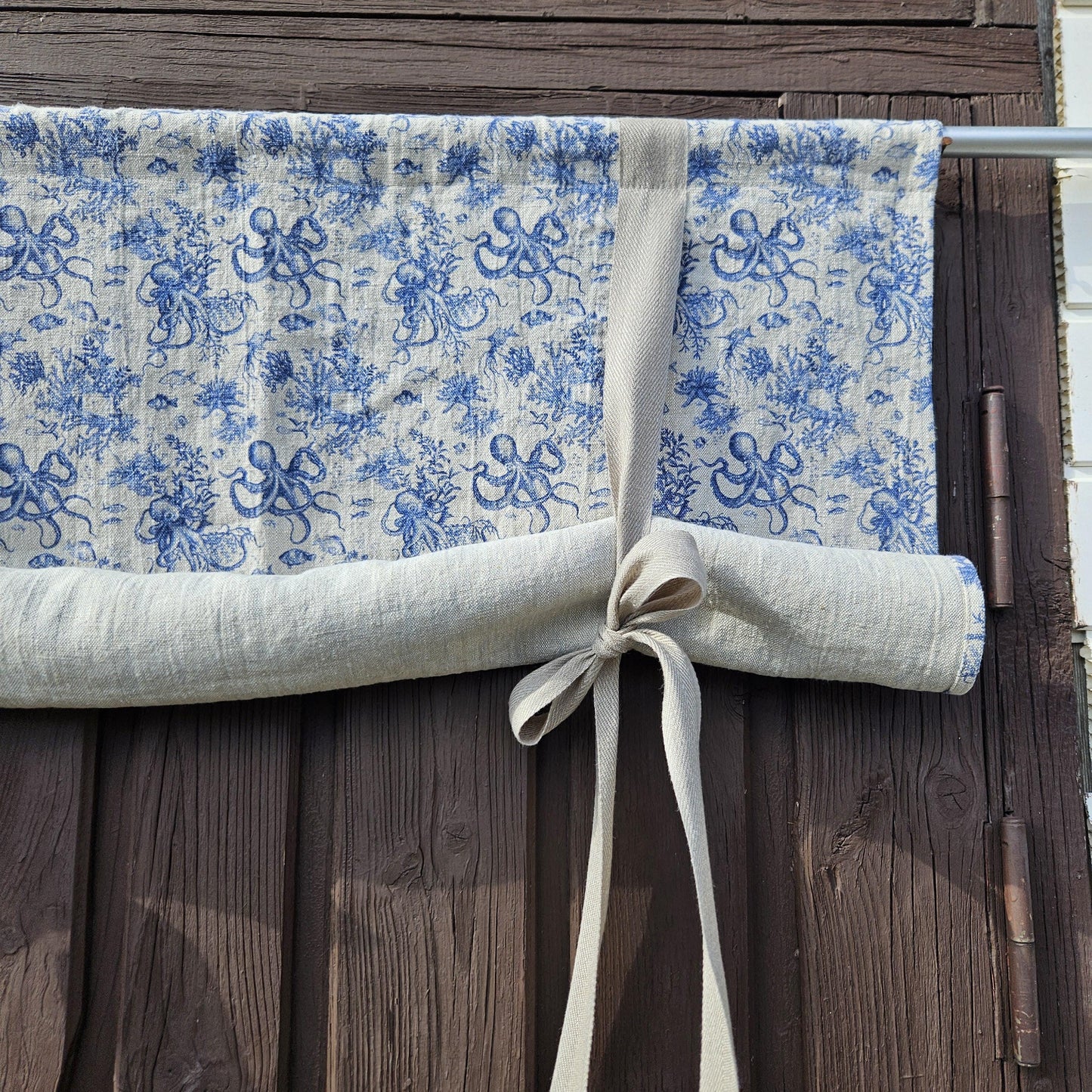 Linen curtains valance with tie up Octopus print -  Nautical farmhouse kitchen door curtains  in custom size with print