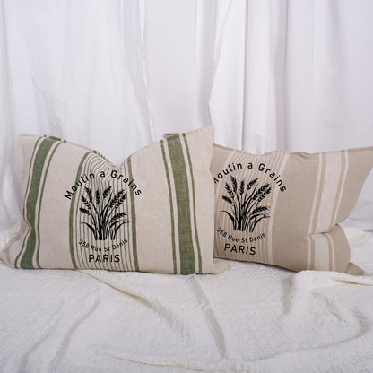 Striped linen pillowcase in french country style with Moulin a grains print, French linen Vintage Cottage Farmhouse  Grainsack cushion cover