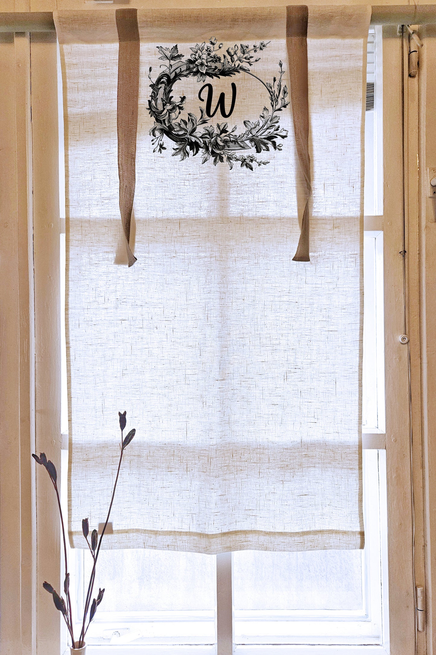 Monogramed Linen curtains valance with tie up with French Country Stamp , farmhouse kitchen curtains, door curtains  in custom size