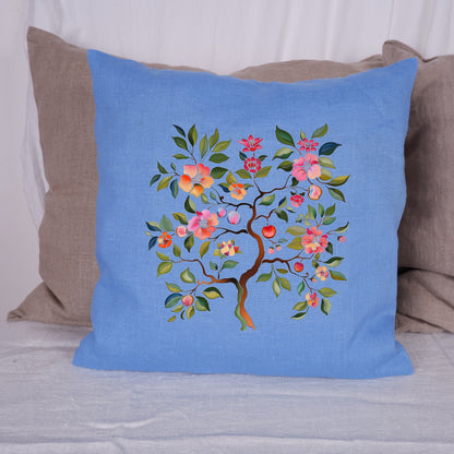SALE LINEN Cushion cover Nordic folk art in beige, decorative linen pillow cover , Floral Summer Woodland Cushion Housewarming Gift