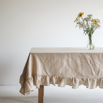 100% Linen tablecloth with RUFFLES PREWASHED white natural French table cloth rustic rectangle square oval country style