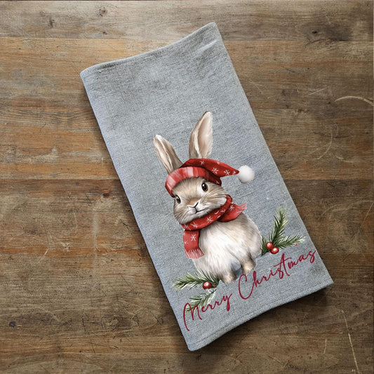 Christmas bunny Tea Towel in linen, Holiday decor hand Towels Tea in linen, Merry Christmas Dish Towel Kitchen Décor Tea Towel in linen