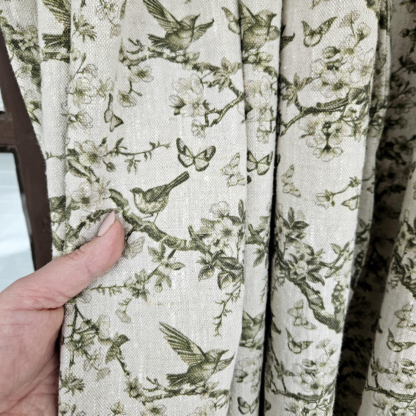 Curtains 100% Linen with French block print green toile de jouy pattern PREWASHED - kitchen Living room farmhouse window panel french linen