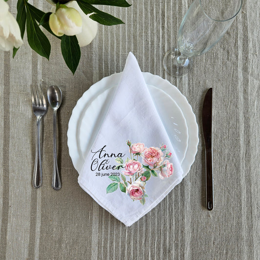 Custom Design White Cloth Cocktail Napkins with roses print, luxury weddings menu napkins in linen, Custom Names Napkins with roses