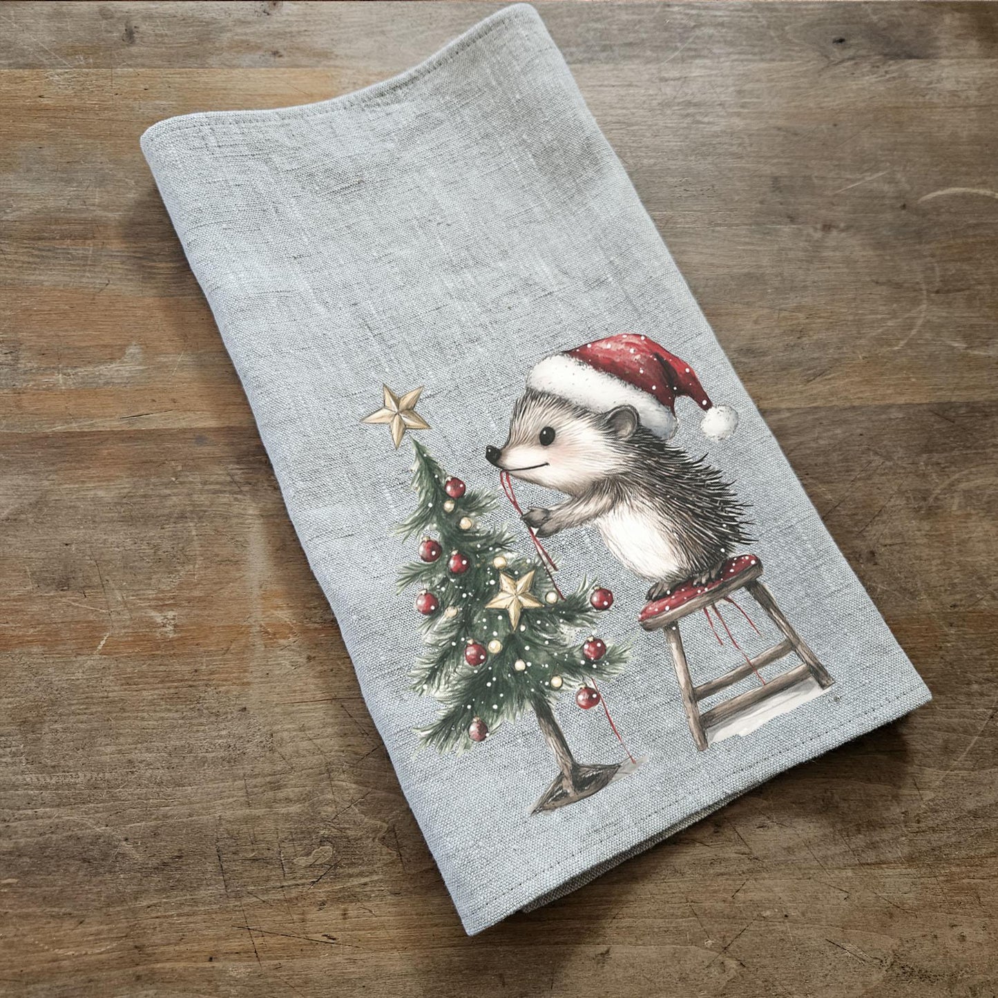 Christmas Tea Towel in linen, Christmas treen and hedgehog Hand Towels Tea in linen, artistic linen Dish  Kitchen Décor Tea Towel in linen