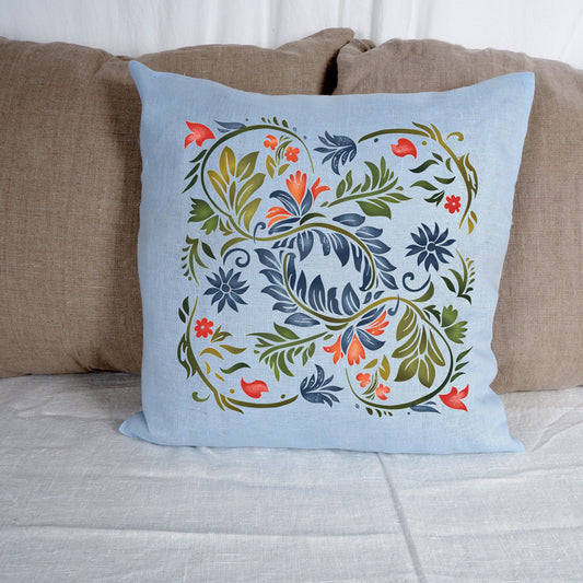 SALE LINEN Cushion cover with botanical print , decorative linen pillow cover with folk art print , Floral Housewarming Gift
