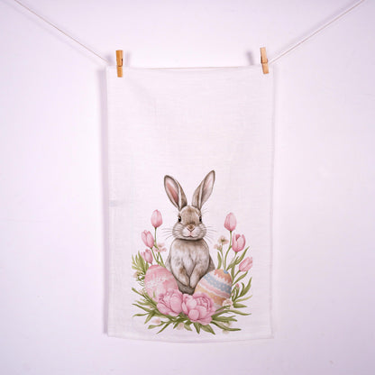 Bunny Floral Tea Towel in linen - rabbit with four clover Hand Towels Tea - Farmhouse Floral Dish Towel - Easter Décor Kitchen Tea Towel