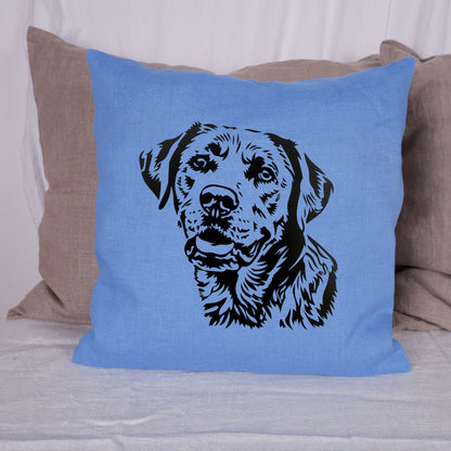 SALE LINEN Cushion cover in blue with dog , decorative linen pillow cover  cushion