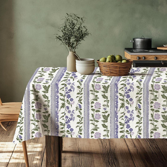 100% Linen tablecloth Heritage floral stripe print PREWASHED - table cloth rustic rectangle square oval - country Sack weave linen flax