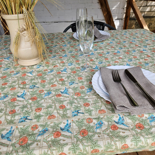 Linen floral tablecloth with birds, william Morris Trellis tablecloth with roses and birds, Victorian arts and crafts movement tablecloth