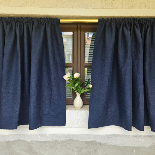 Curtains 100% Linen PREWASHED in navy blue, window panel kitchen Living room farmhouse curtains, grain sack flax Bedroom window panel