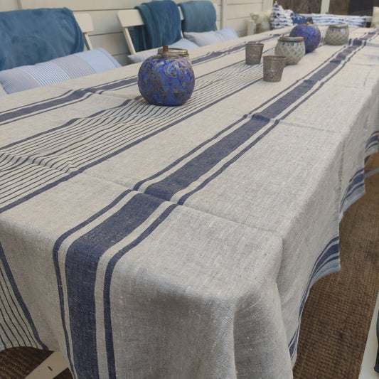 100% Linen tablecloth striped - blue grey black PREWASHED French table cloth rustic rectangle square oval -  country style Sack weave linen