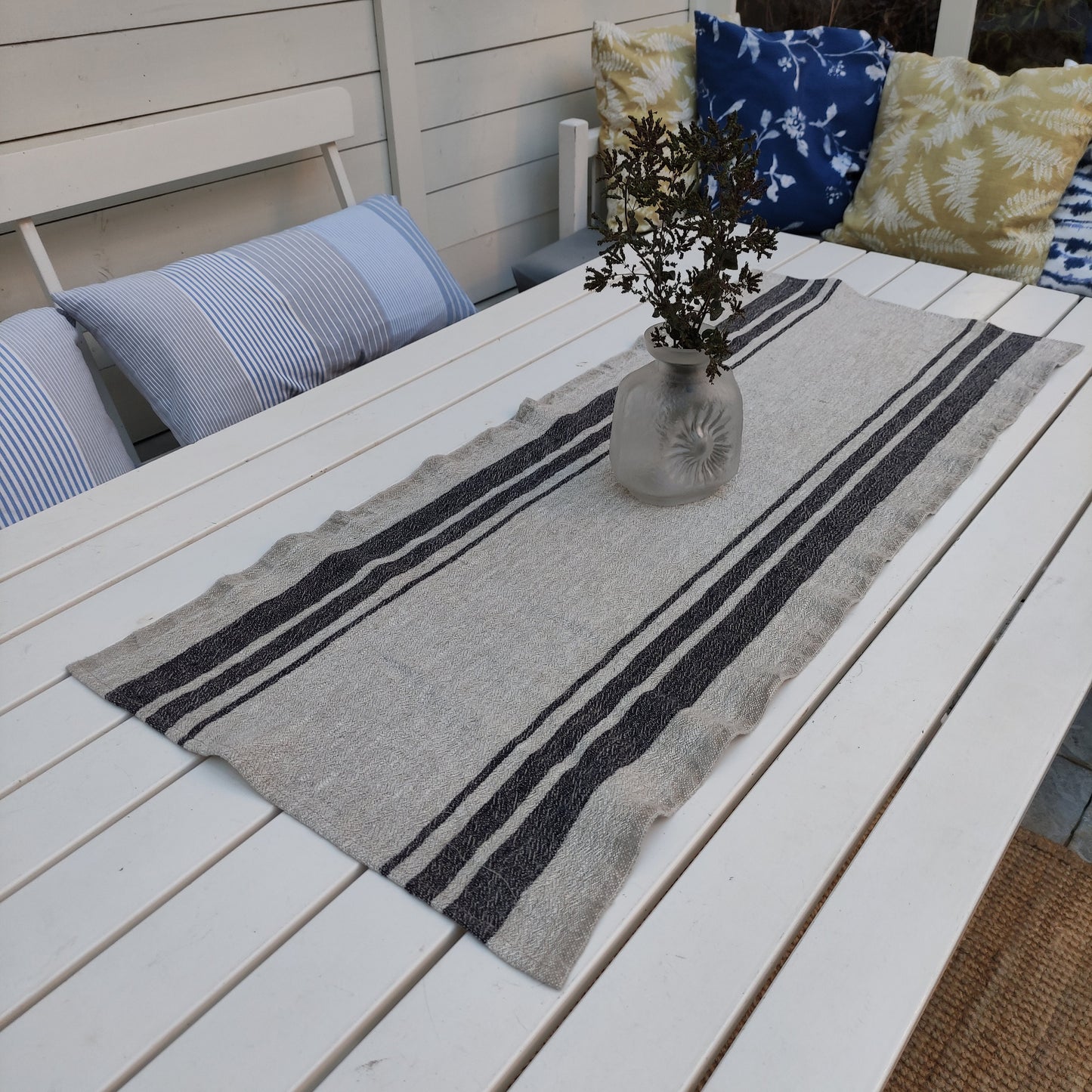 Linen runner - french sack linen - Grey black striped Rustic linen Cottage farmhouse country style linen -Stonewashed 100% linen rustic