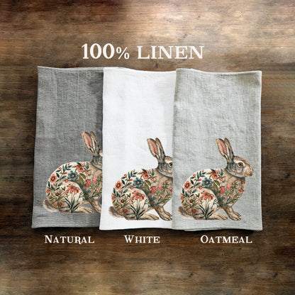Bunny Floral Tea Towel in linen - Blue rabbit Hand Towels Tea - Farmhouse Floral Dish Towel - Kitchen Décor Eastern Kitchen Tea Towel