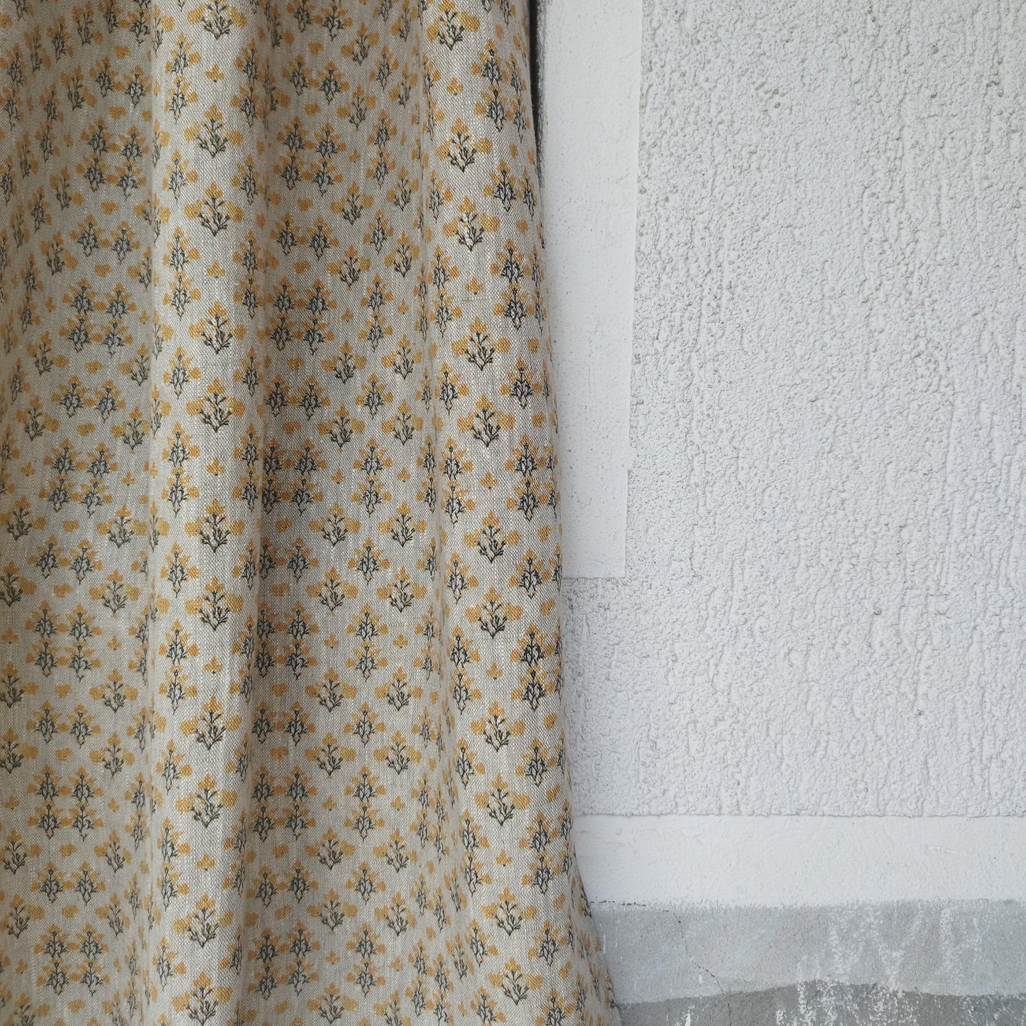 Curtains 100% Linen with indian block print yellow pattern PREWASHED. kitchen Living room farmhouse linen window panel
