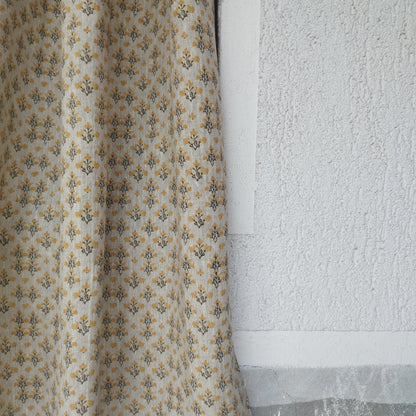 Curtains 100% Linen with indian block print yellow pattern PREWASHED. kitchen Living room farmhouse linen window panel
