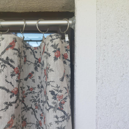 Curtains 100% Linen with botanical red black toile de jouy print PREWASHED. kitchen Living room farmhouse linen window panel