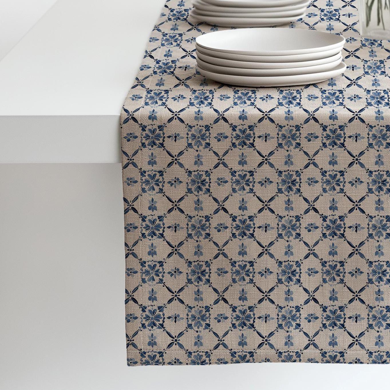 Coastal Linen runner - Swedish tile block print natural linen - indigo blue Rustic linen Marine Cottage farmhouse country style